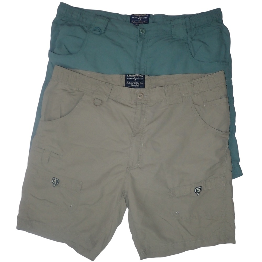 LOT Hook & Tackle Technical Fishing Gear Cargo‎ Shorts Mens 42 Nylon Green Tan